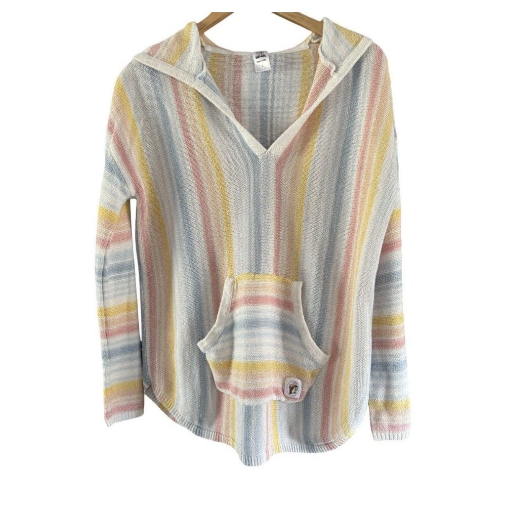 Buc-ees Baja Pullover Pastel Stripes Kangaroo Pocket Women’s Large Hoodie Top - Picture 2 of 6